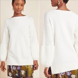 Anthropologie White Crew Neck Sweater tunic with faux fur cuffs